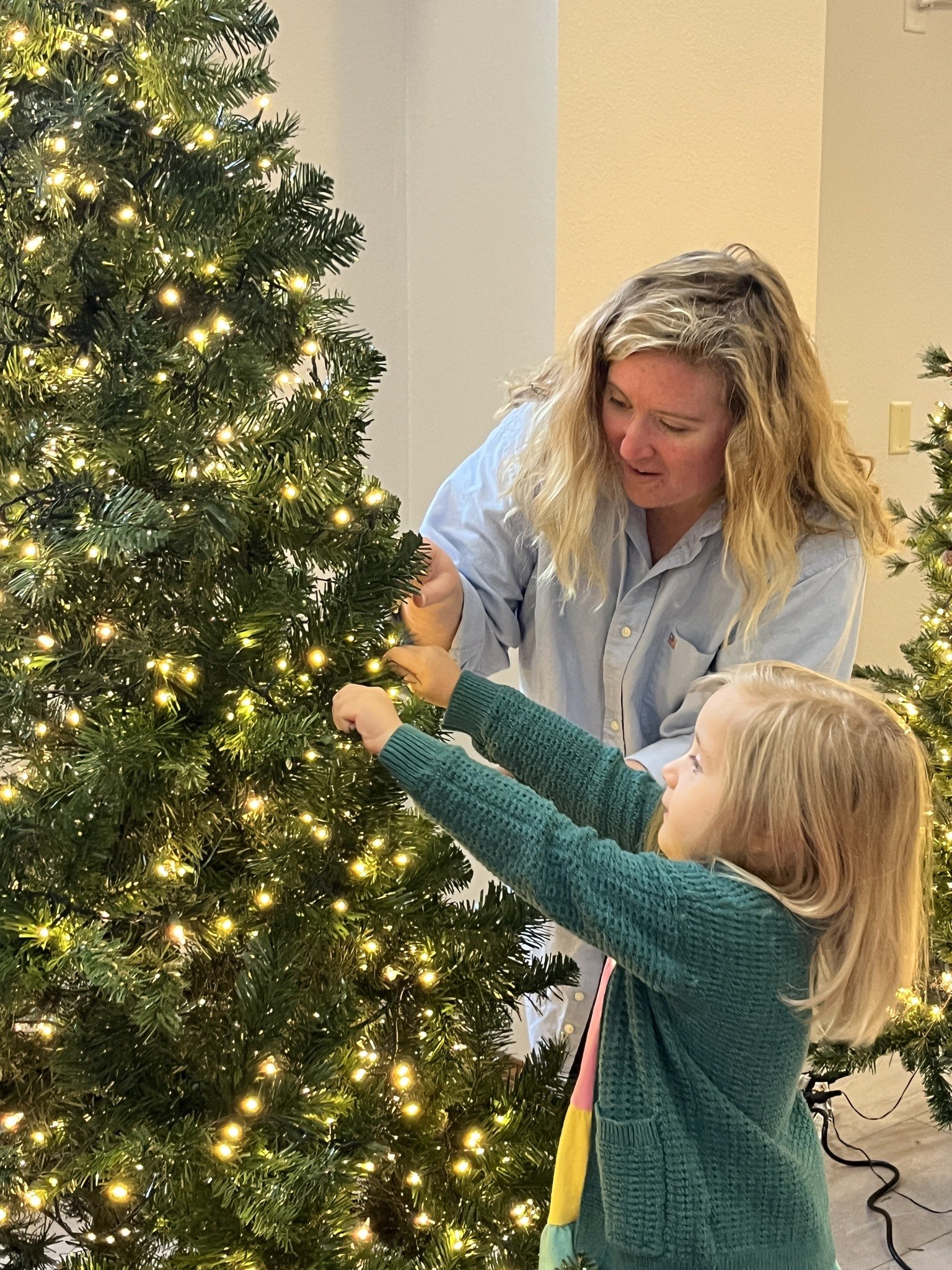 A woman and a young girl decorate a Christmas tree with lights.